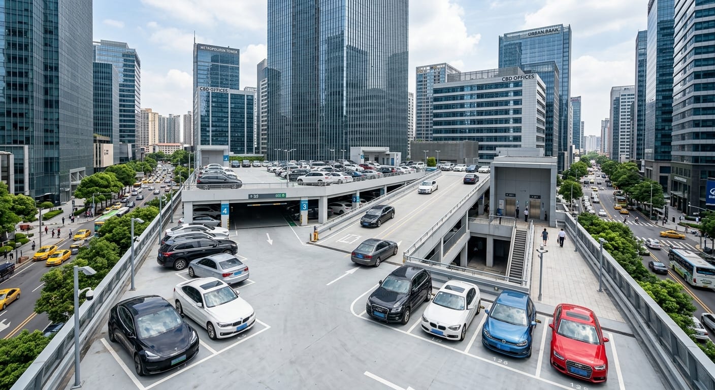 Vue d'ensemble d'un parking commercial moderne et propre dans un quartier d'affaires métropolitain